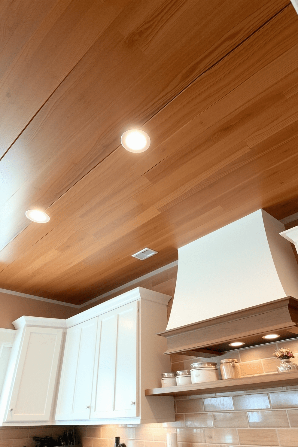 A shiplap ceiling adds rustic charm to a kitchen, creating a warm and inviting atmosphere. The natural wood finish contrasts beautifully with modern cabinetry and fixtures, enhancing the overall aesthetic of the space. Incorporating recessed lighting within the shiplap design can highlight the texture and create a cozy ambiance. Consider pairing the ceiling with open shelving to showcase decorative items and add functionality to the kitchen.