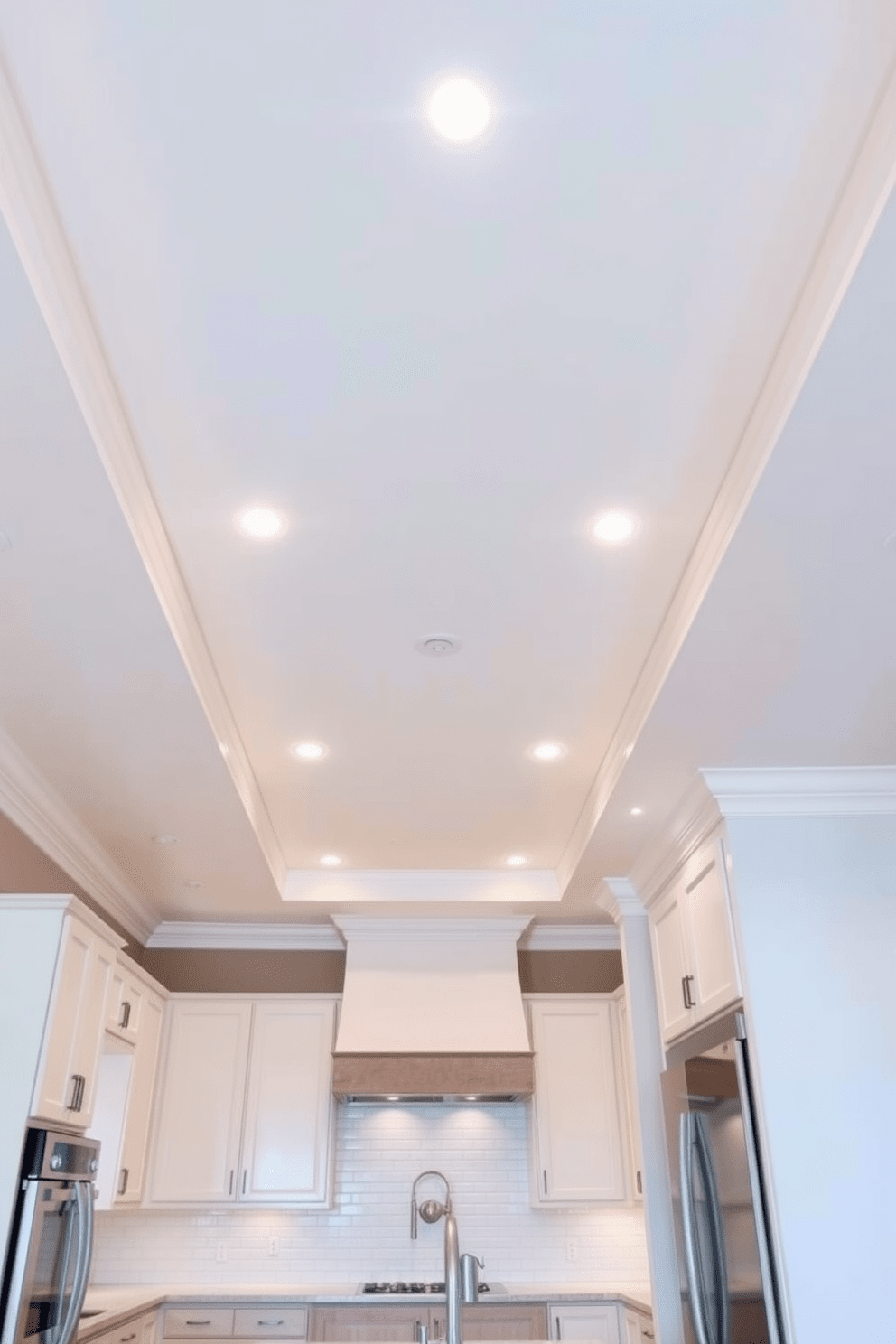 A kitchen featuring layered ceiling heights creates a dynamic and visually interesting space. The main ceiling is a classic flat design, while a coffered section above the island adds depth and character. Recessed lighting is integrated into both ceiling levels to enhance functionality and ambiance. The color palette includes soft whites and warm wood tones, complementing the modern cabinetry and sleek appliances.