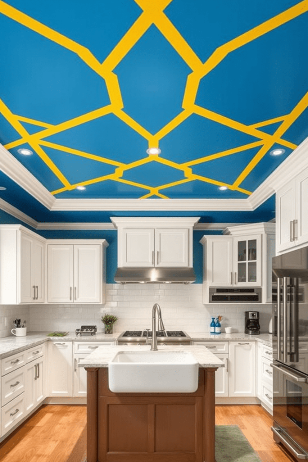 A kitchen with a painted ceiling in bold colors that adds a vibrant touch to the space. The ceiling features a geometric pattern in shades of blue and yellow, creating a striking focal point above the kitchen island. The walls are adorned with white cabinetry that complements the colorful ceiling. Sleek stainless steel appliances and a large farmhouse sink enhance the modern aesthetic of the kitchen.