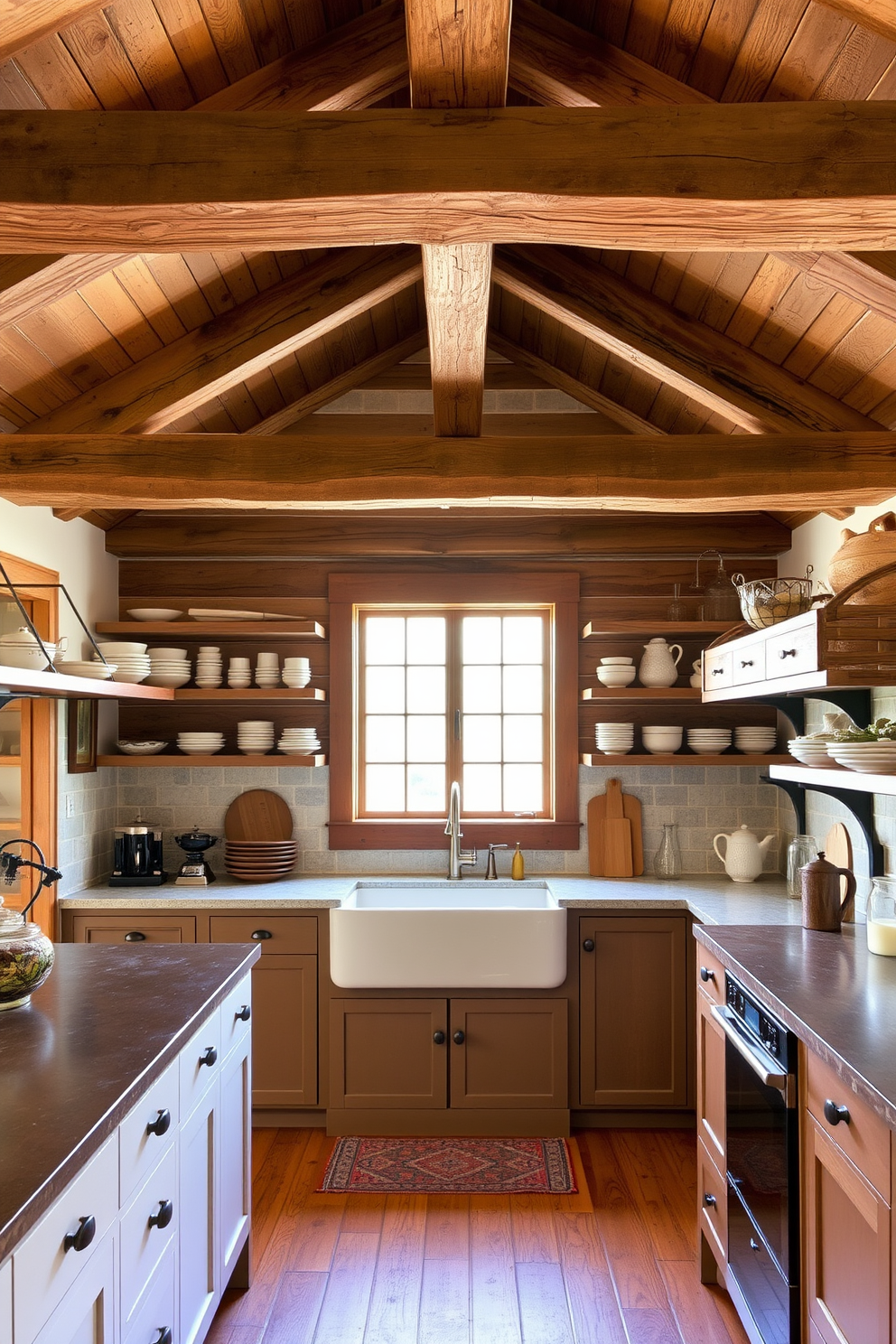 A farmhouse style kitchen with a beamed ceiling that adds warmth and character to the space. The beams are made of reclaimed wood, creating a rustic yet elegant atmosphere. The kitchen features open shelving that showcases handmade pottery and vintage kitchenware. A large farmhouse sink is centered beneath a window, allowing natural light to flood the room.