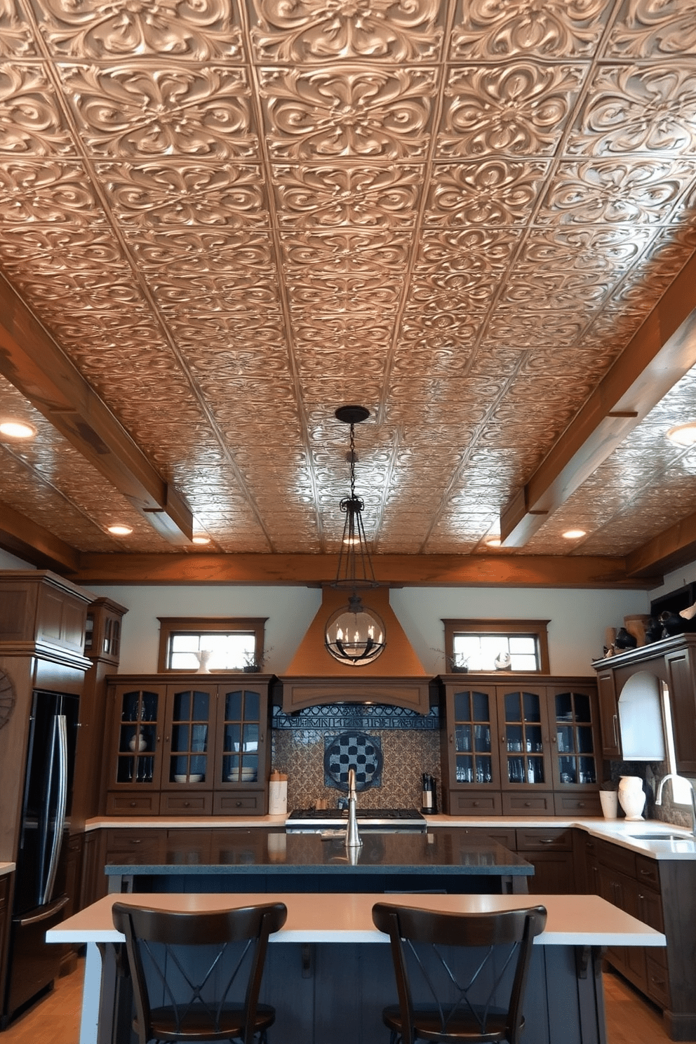 A charming kitchen adorned with tin ceiling tiles that exude vintage appeal. The tiles feature intricate patterns that reflect the warmth of the space, complemented by soft, ambient lighting. Rustic wooden beams frame the ceiling, enhancing the farmhouse aesthetic of the kitchen. Below, a spacious island with a polished countertop invites gatherings, surrounded by classic bar stools.