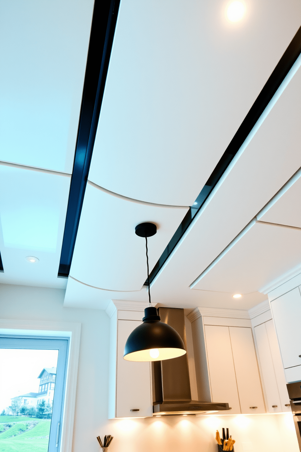 A contemporary kitchen featuring a drop ceiling adorned with sleek modern panels. The lighting is integrated into the ceiling design, creating a warm and inviting atmosphere while enhancing the overall aesthetic of the space.