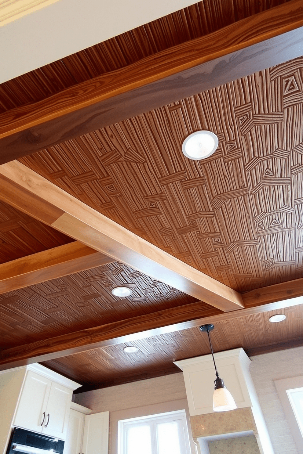 A textured ceiling adds depth and character to a kitchen space. Consider using wood beams or a coffered design to create a warm and inviting atmosphere. Incorporate unique materials like tongue and groove planks or decorative plaster for a stunning visual effect. A painted or stained finish can enhance the overall aesthetic, tying the ceiling design to the kitchen's color scheme.