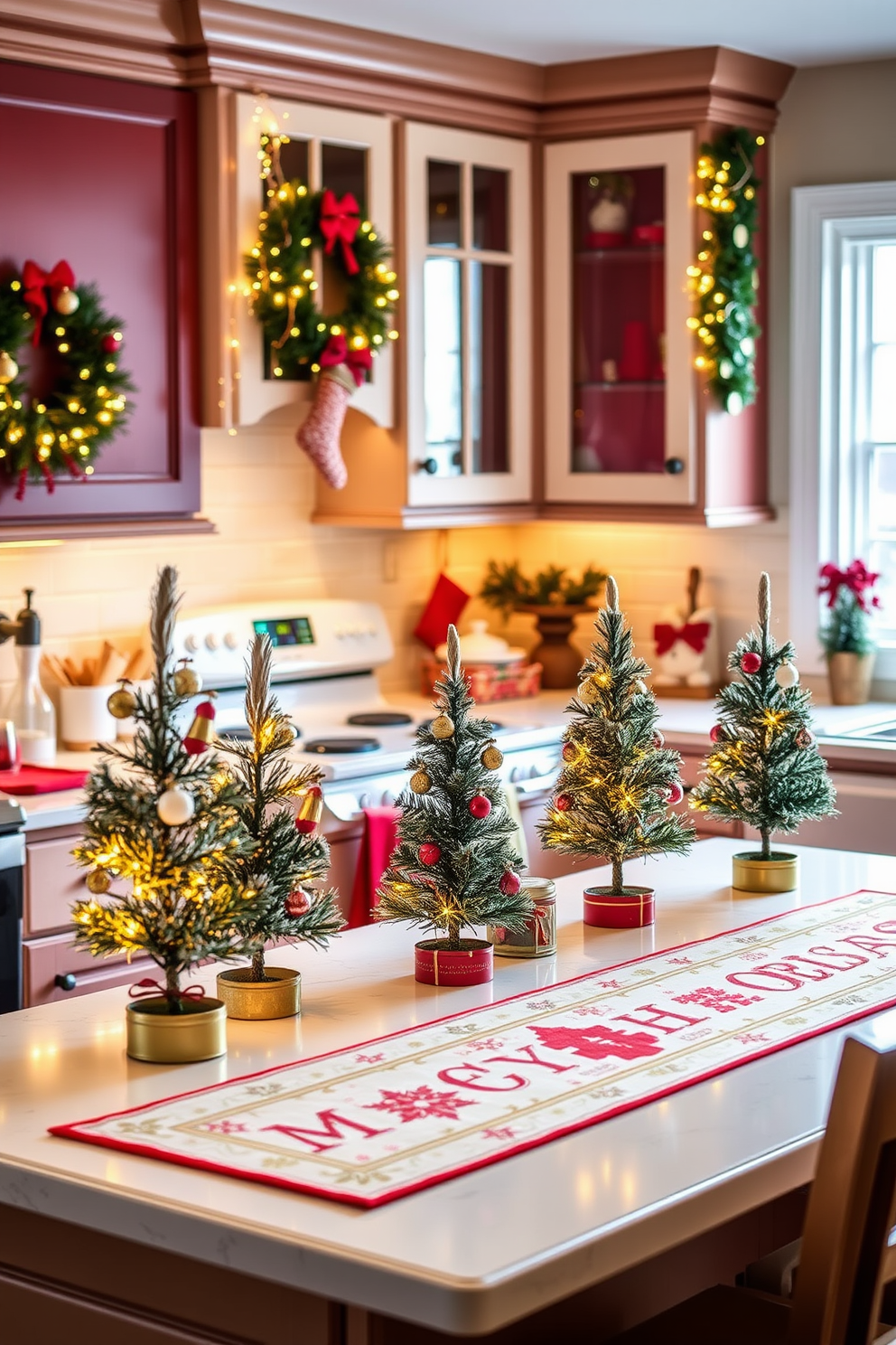 Create a cozy kitchen setting adorned with mini Christmas trees. The trees are placed on the countertops alongside festive decorations like garlands and twinkling fairy lights. Incorporate a warm color palette with red and gold accents throughout the kitchen. Hang stockings from the cabinet handles and add a holiday-themed table runner for a cheerful touch.