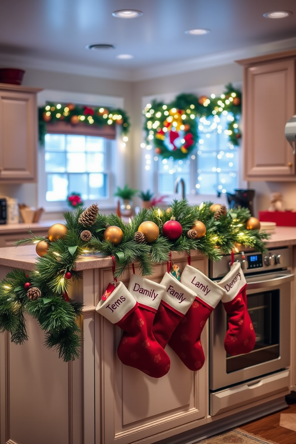 A warm and inviting kitchen adorned for the holidays. A festive garland drapes along the kitchen island, and colorful ornaments are nestled among the greenery. Stockings hang from the oven handle, each one personalized with family names. Twinkling fairy lights illuminate the space, creating a cheerful and cozy atmosphere.