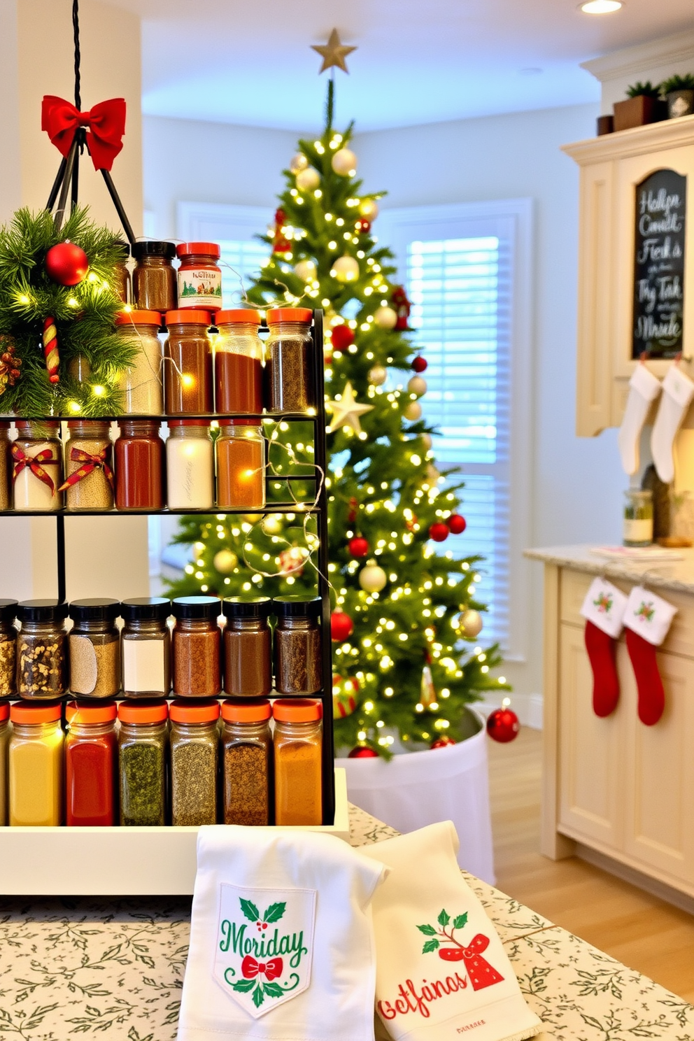 A festive holiday spice rack display filled with colorful jars of spices and herbs. The rack is adorned with twinkling fairy lights and small ornaments, creating a warm and inviting atmosphere. In the background, a cozy kitchen scene features a beautifully decorated Christmas tree. Stockings hang from the counter, and holiday-themed kitchen towels add a cheerful touch to the decor.