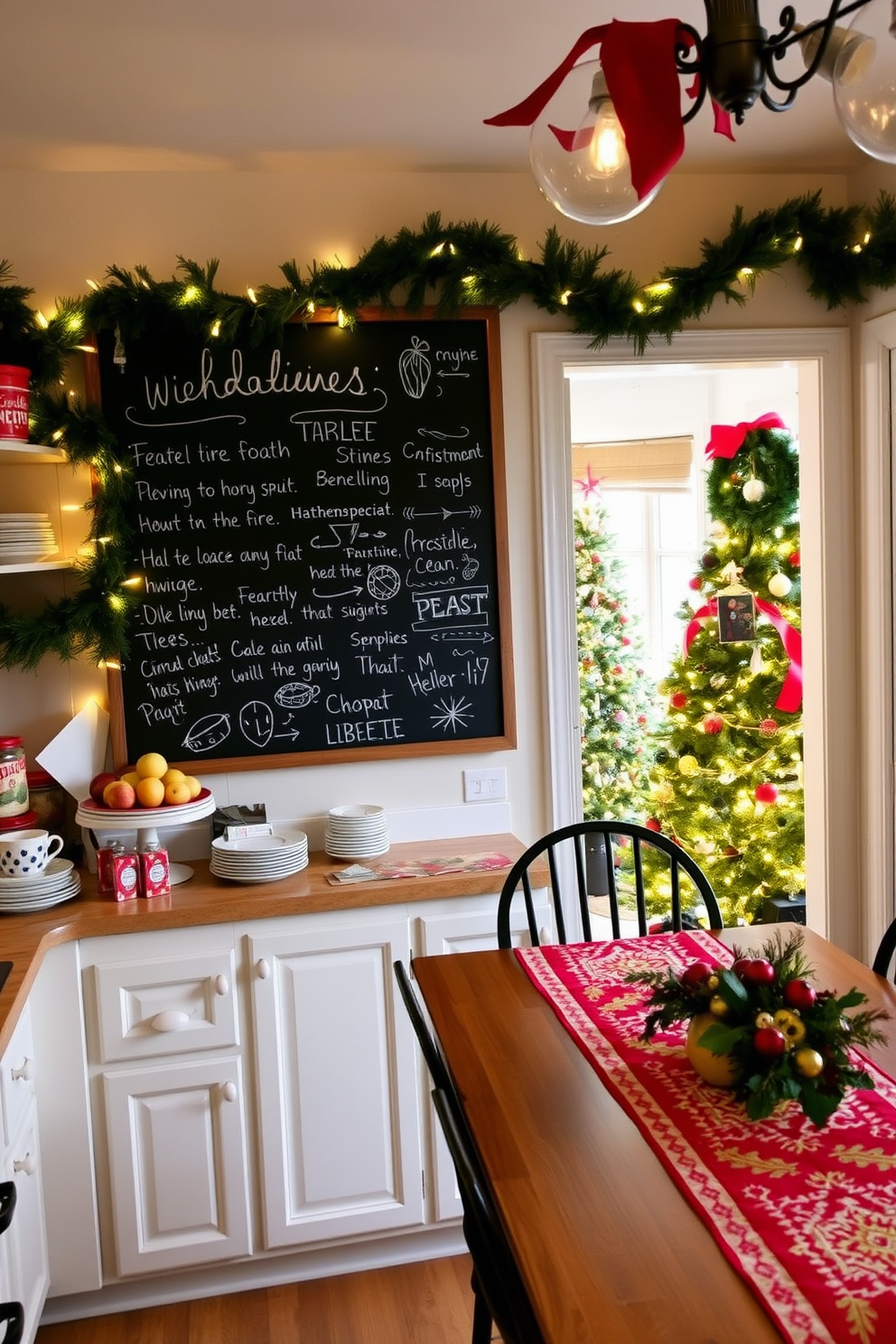 A cozy kitchen adorned for the holiday season. A large chalkboard is mounted on the wall, filled with festive messages and drawings, surrounded by garlands of greenery and twinkling fairy lights. The countertops are decorated with a collection of holiday-themed dishware and a centerpiece of seasonal fruits. A cheerful red and white table runner adds warmth to the dining area, while a beautifully decorated Christmas tree peeks through the window.