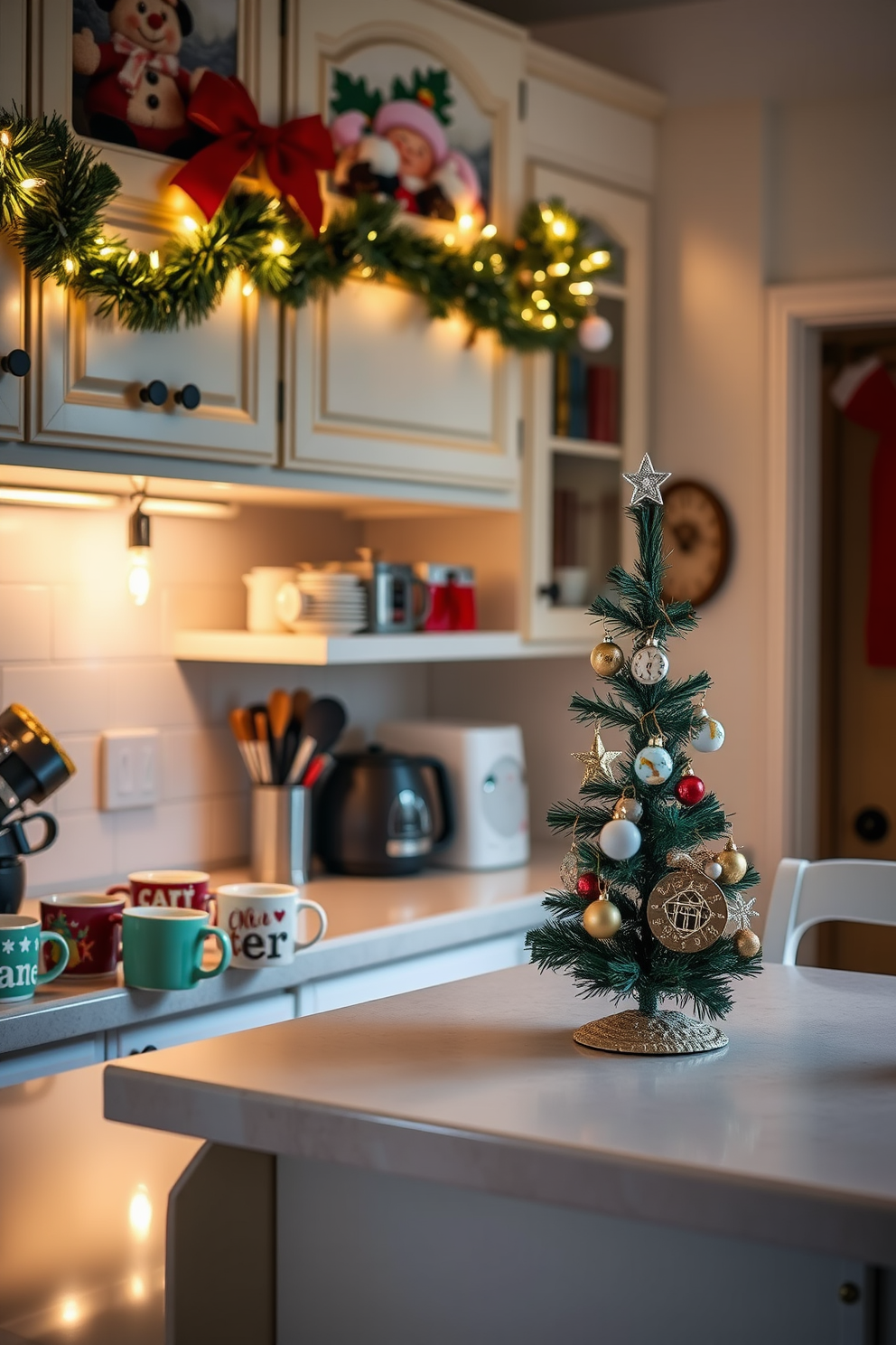 A cozy kitchen adorned for Christmas. The countertops are lined with festive mugs in various colors and designs, creating a cheerful atmosphere. Strings of twinkling lights hang above the cabinets, casting a warm glow. A small Christmas tree sits in the corner, decorated with miniature kitchen-themed ornaments.