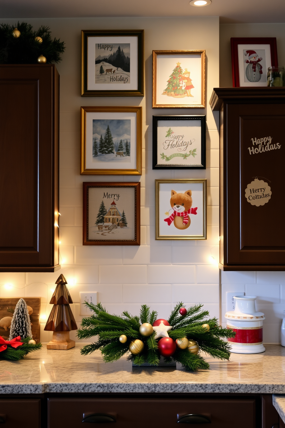 A festive kitchen setting adorned with holiday-themed artwork. The walls are decorated with framed prints of winter scenes and cheerful holiday motifs, creating a warm and inviting atmosphere. The countertops are adorned with seasonal decorations, including a centerpiece of pine branches and ornaments. String lights are draped along the cabinets, adding a soft glow to the space and enhancing the holiday spirit.