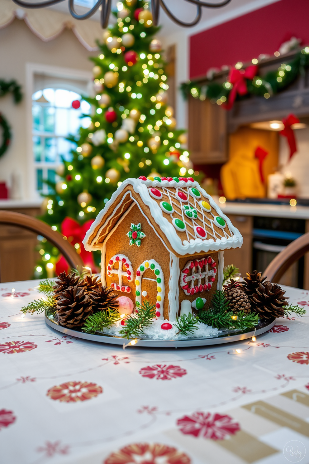 A charming gingerbread house centerpiece sits on a festive dining table. The house is intricately decorated with colorful icing and candy, surrounded by pinecones and twinkling fairy lights. In the background, a beautifully adorned Christmas tree glimmers with ornaments and garlands. The kitchen features a warm ambiance with red and green accents, creating a cozy holiday atmosphere.