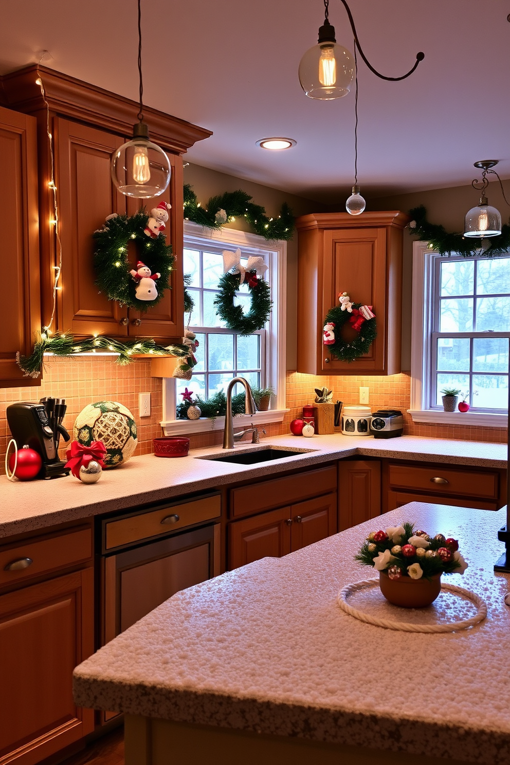 A cozy kitchen adorned for Christmas with faux snow delicately covering the countertops and window sills. Twinkling string lights are draped along the cabinets, and festive ornaments hang from the ceiling, creating a warm and inviting atmosphere.