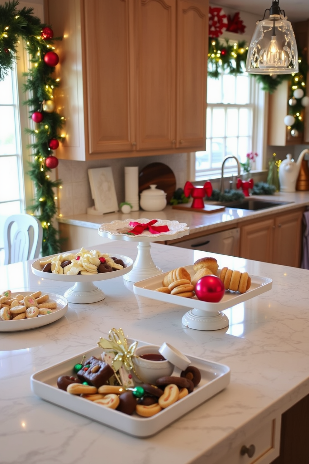 A festive kitchen setting adorned with decorative trays filled with an assortment of holiday treats. The countertops are accented with garlands of greenery, twinkling fairy lights, and colorful ornaments, creating a warm and inviting atmosphere.