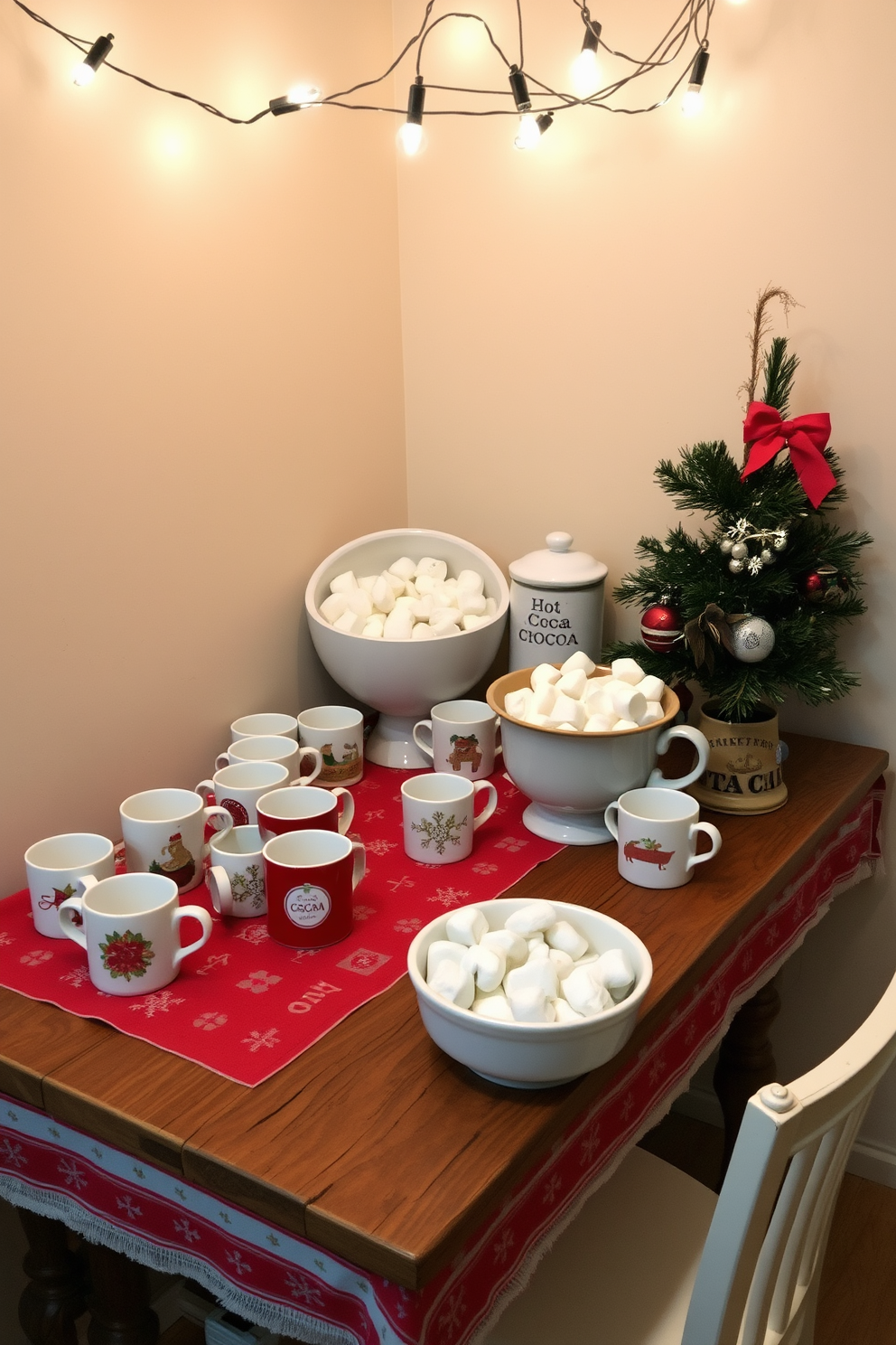 A cozy kitchen corner is transformed into a festive hot cocoa station. A rustic wooden table is adorned with a cheerful red and white tablecloth, featuring an array of mugs in seasonal designs. On the table, a large ceramic bowl filled with marshmallows sits next to a vintage cocoa canister. String lights hang above, casting a warm glow over the space, while a small Christmas tree decorated with ornaments adds a touch of holiday cheer.