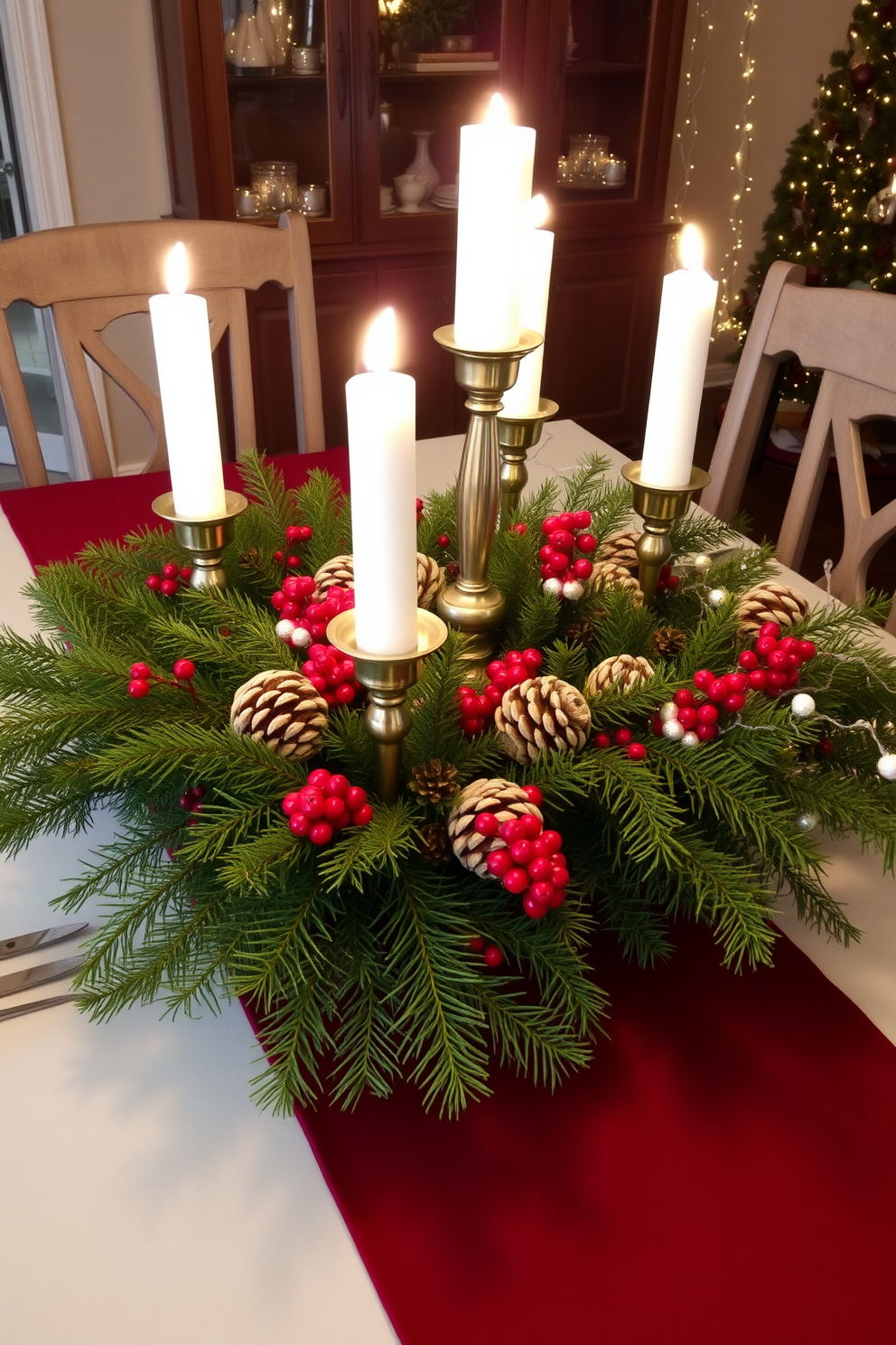 Create a festive centerpiece on the table featuring a lush arrangement of evergreen branches, pinecones, and bright red berries. Surround the centerpiece with elegant candle holders in varying heights, filled with white candles to add a warm glow to the holiday setting. Incorporate a beautiful table runner in a rich burgundy color, providing a striking contrast to the natural elements. Add small decorative ornaments and twinkling fairy lights to enhance the festive atmosphere and create a cozy dining experience.