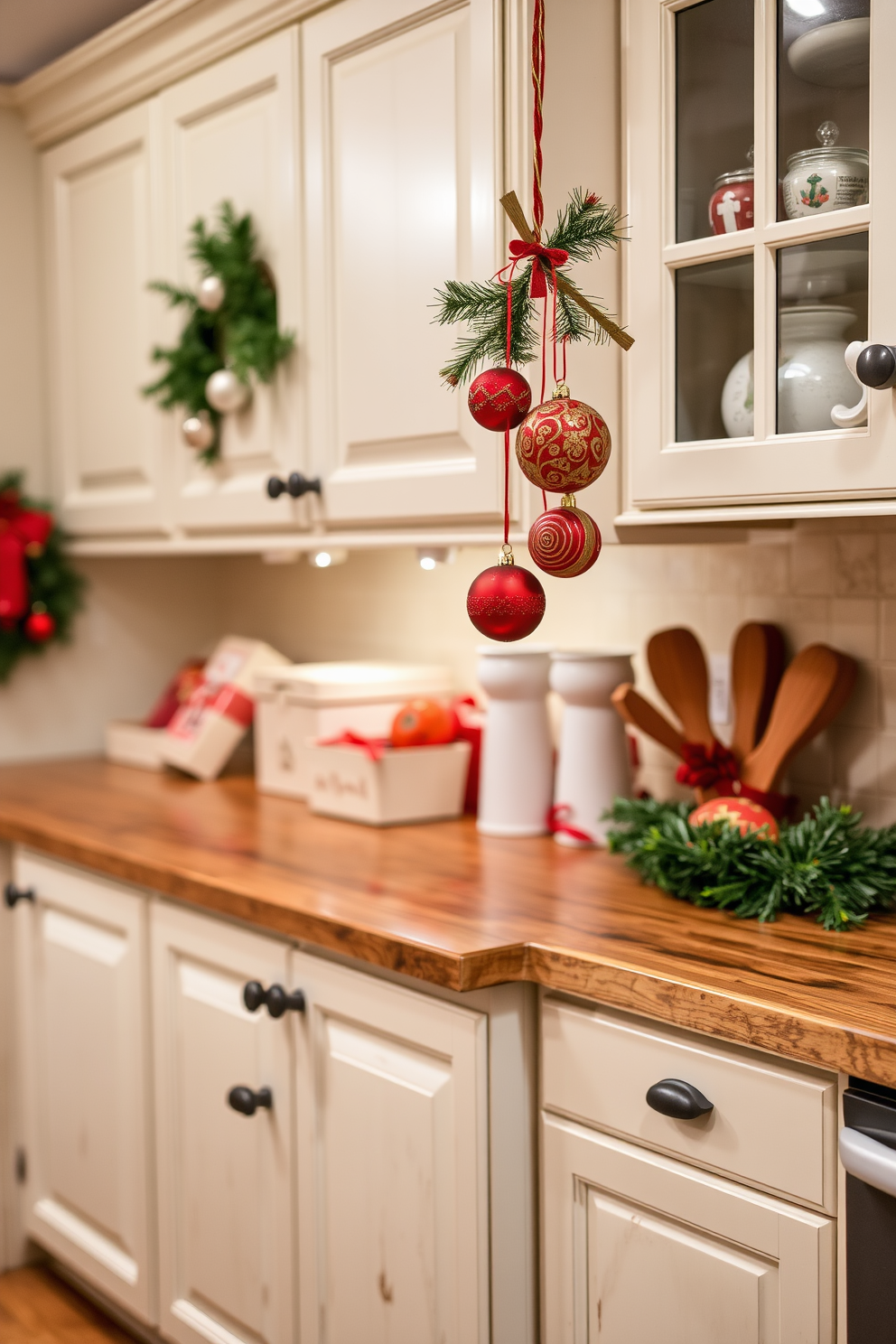 A cozy kitchen adorned for Christmas with ornaments hanging from the cabinet knobs. The cabinets are painted a warm white, and the countertops feature a rustic wooden finish, creating a festive atmosphere.