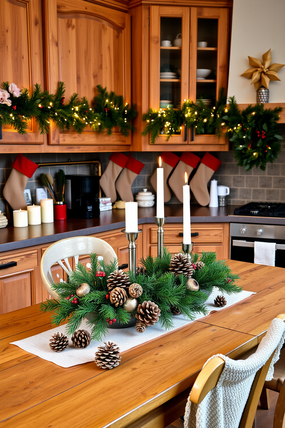 A cozy kitchen adorned for Christmas features a rustic wooden table set with a festive centerpiece made of pinecones, evergreen branches, and red berries. The kitchen cabinets are decorated with garlands of pine and twinkling fairy lights, creating a warm and inviting atmosphere. On the countertop, a collection of pinecones is arranged in a decorative bowl alongside candles of varying heights. Stockings hang from the kitchen island, adding a touch of holiday cheer to the space.