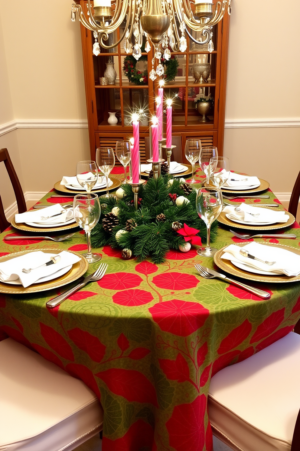 A festive dining table adorned with a vibrant holiday-themed tablecloth featuring red and green patterns. The table is set with elegant dinnerware, sparkling glassware, and a centerpiece of pinecones and candles to create a warm Christmas atmosphere.