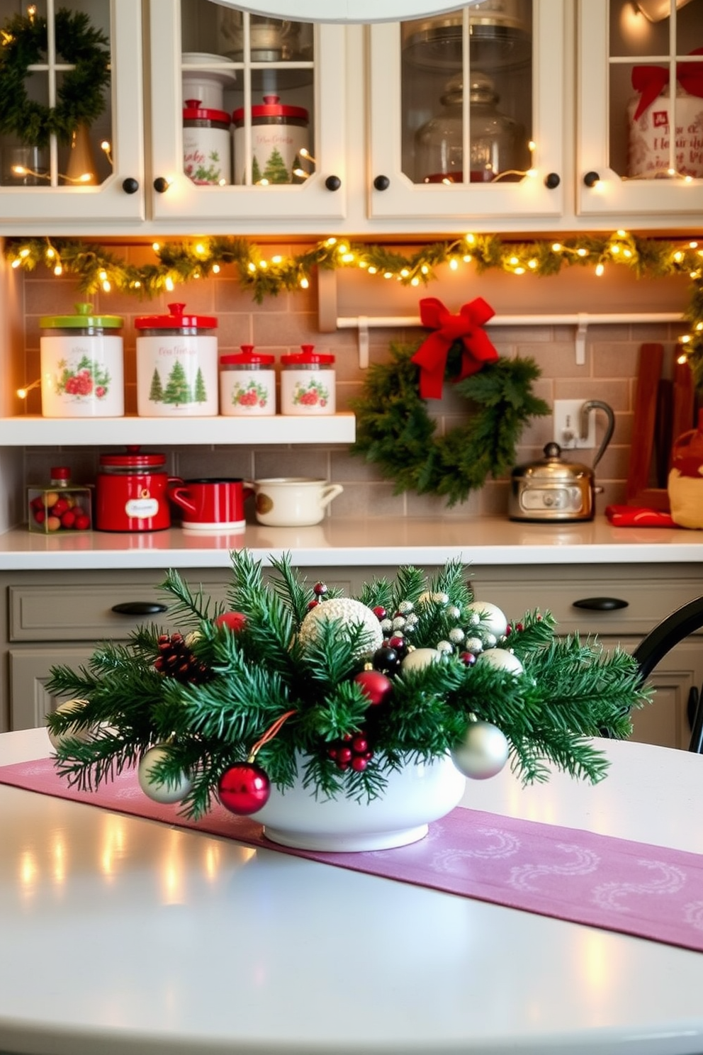 Create a cozy kitchen scene decorated for Christmas. Themed canisters in festive colors are arranged on the countertop, adding charm and functionality to the space. String lights are draped along the shelves, casting a warm glow. A cheerful centerpiece featuring pine branches and ornaments sits on the dining table, enhancing the holiday spirit.