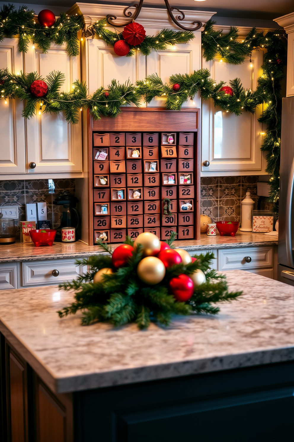 A festive kitchen adorned with a holiday countdown calendar. The calendar is beautifully crafted from wood, featuring numbered compartments filled with small treats and decorations. Garlands of evergreen and twinkling fairy lights drape across the cabinets. A cheerful centerpiece of red and gold ornaments sits on the kitchen island, surrounded by fresh pine branches.