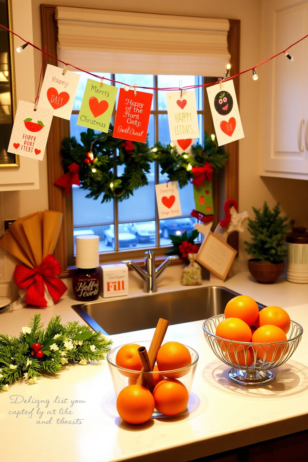 Create a cozy kitchen scene adorned with festive holiday cards displayed on a string. The string is elegantly draped across the kitchen window, with colorful cards showcasing cheerful designs and heartfelt messages. Incorporate Christmas decorations throughout the kitchen to enhance the holiday spirit. Add a garland of pine and twinkling fairy lights along the countertop, and place a bowl of fresh oranges and cinnamon sticks as a centerpiece.