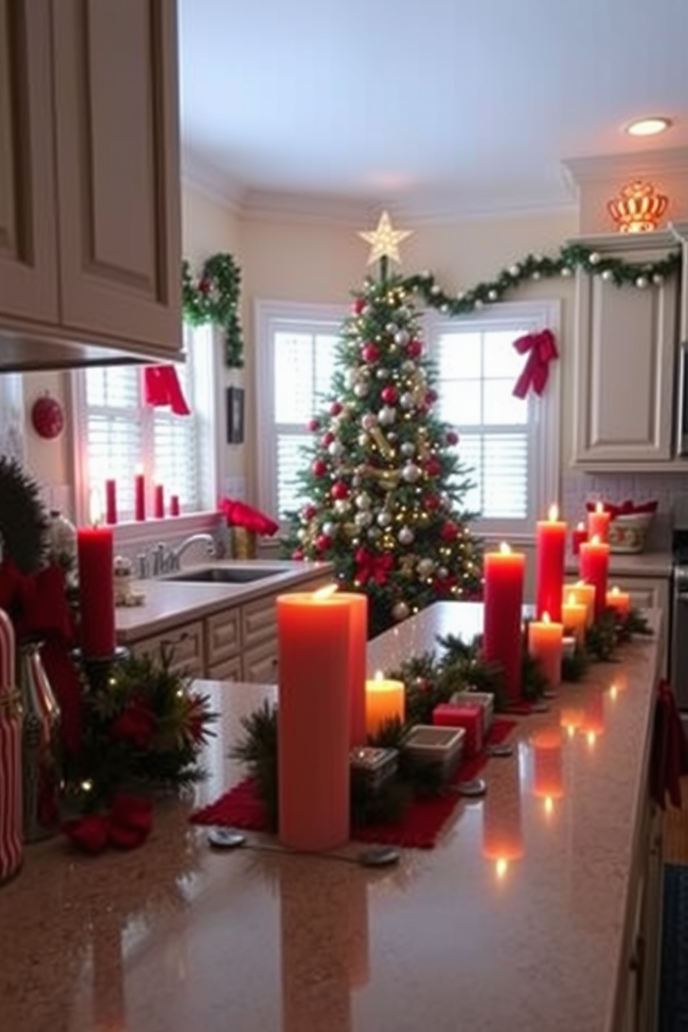 A cozy kitchen adorned for Christmas. The countertops are lined with festive candles of various heights, casting a warm glow over the space. Bright red and green accents are incorporated throughout, with garlands draped along the cabinets. A beautifully decorated Christmas tree stands in the corner, completing the joyful atmosphere.