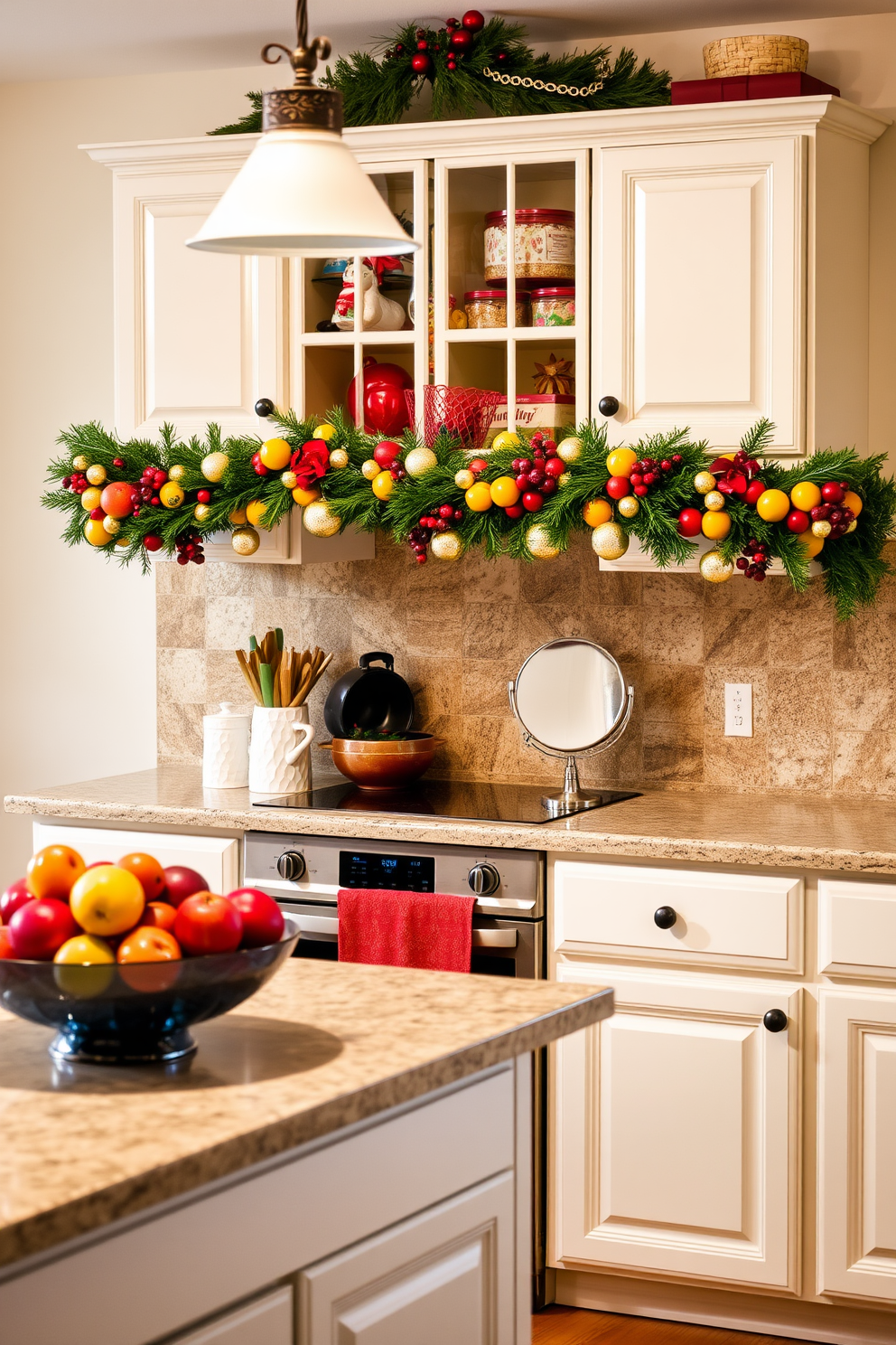 A cozy kitchen adorned for Christmas with a seasonal fruit garland draped across the top of the cabinets. The countertops are decorated with festive ornaments and a bowl of vibrant seasonal fruits, creating a warm and inviting atmosphere.