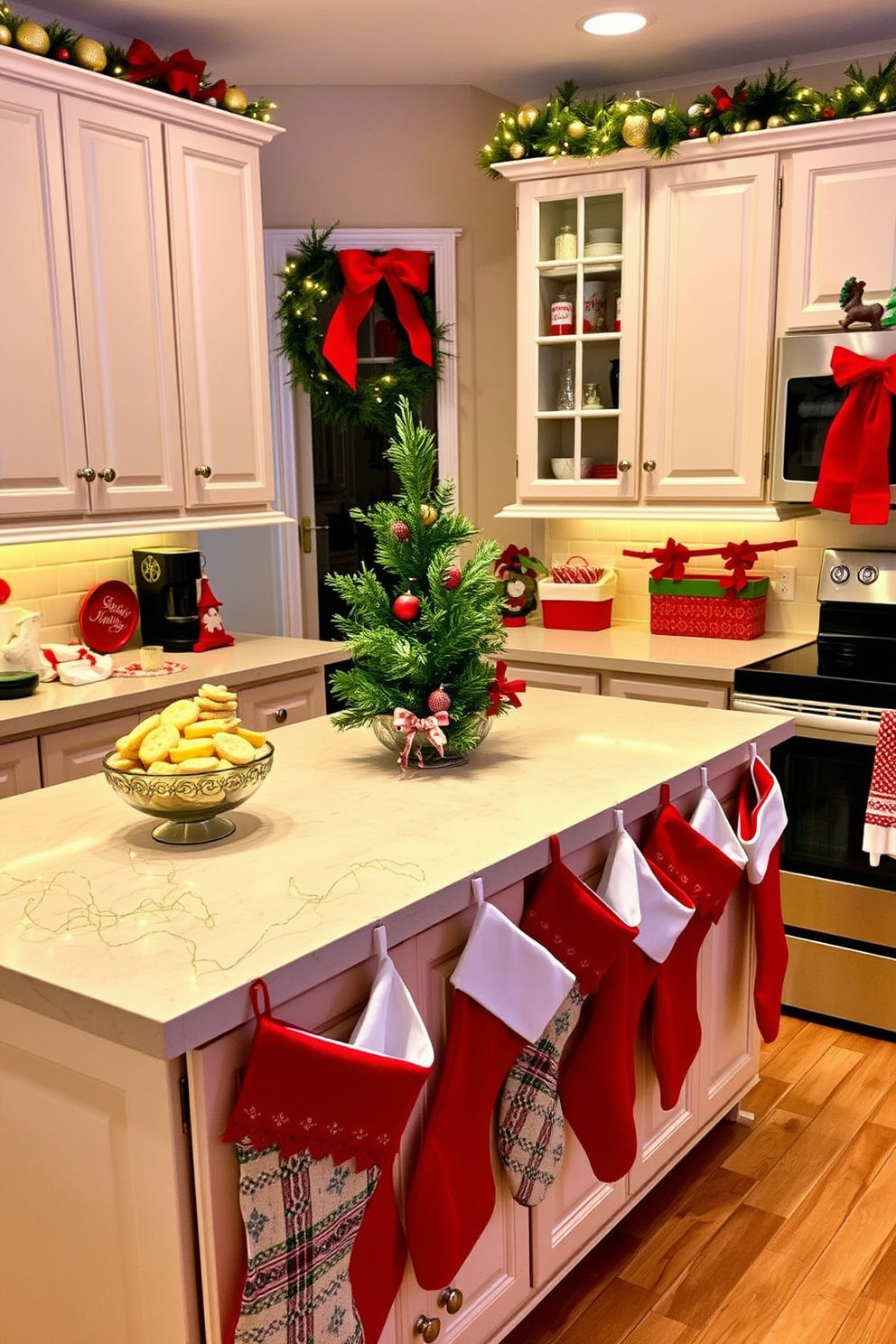 A cozy kitchen setting adorned for Christmas. The countertops are topped with decorative bowls filled with festive snacks, surrounded by twinkling fairy lights and a small evergreen centerpiece. The cabinets are painted in a warm white hue, complemented by red and green accents throughout the space. Stockings hang from the kitchen island, adding a cheerful touch to the holiday decor.