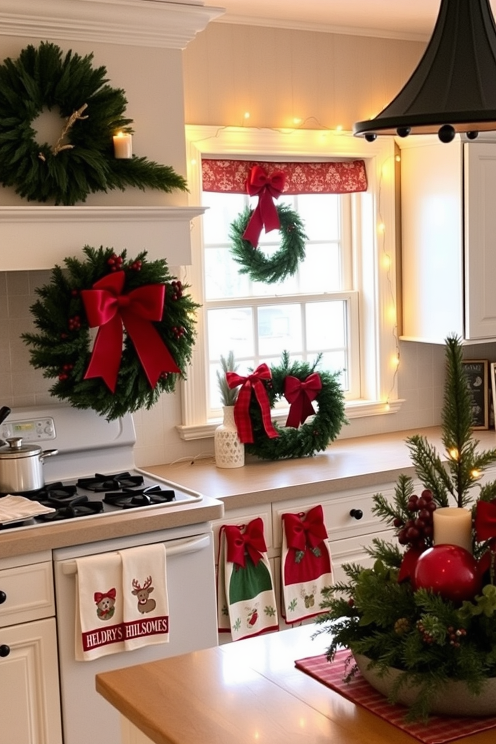 A cozy kitchen adorned for the holidays. A lush green wreath embellished with red berries and a big red bow hangs on the oven door, adding a festive touch to the space. Warm string lights are draped along the countertops and around the window, creating a welcoming glow. A collection of holiday-themed dish towels and a festive centerpiece complete the cheerful Christmas décor.