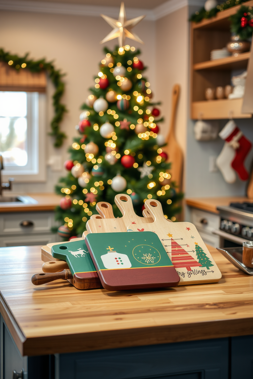 Create a cozy kitchen scene decorated for Christmas. The focal point is a set of holiday-themed cutting boards displayed on a wooden countertop, adorned with festive designs and colors. In the background, a beautifully decorated Christmas tree can be seen, twinkling lights reflecting off the shiny kitchenware. Stockings hang from the kitchen shelves, adding a warm and inviting touch to the festive atmosphere.