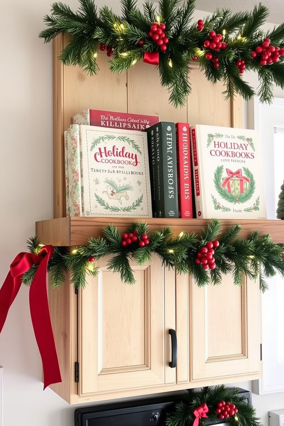 Display holiday-themed cookbooks prominently on a rustic wooden shelf. Arrange them alongside festive decorations such as small evergreen branches and twinkling fairy lights for a cozy holiday atmosphere. Incorporate Christmas-themed kitchen decor with red and green accents. Hang garlands made of pine and berries above the cabinets to enhance the festive spirit.