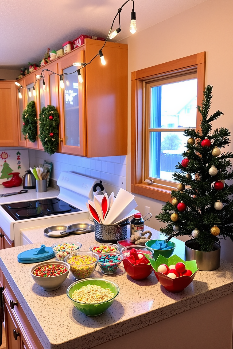 A cozy kitchen decorated for Christmas. The counter is adorned with colorful cookie decorating supplies, including icing in various shades, sprinkles, and cookie cutters arranged neatly in festive bowls. String lights hang above, casting a warm glow over the scene. A small evergreen tree sits in the corner, decorated with handmade ornaments, adding to the holiday spirit.