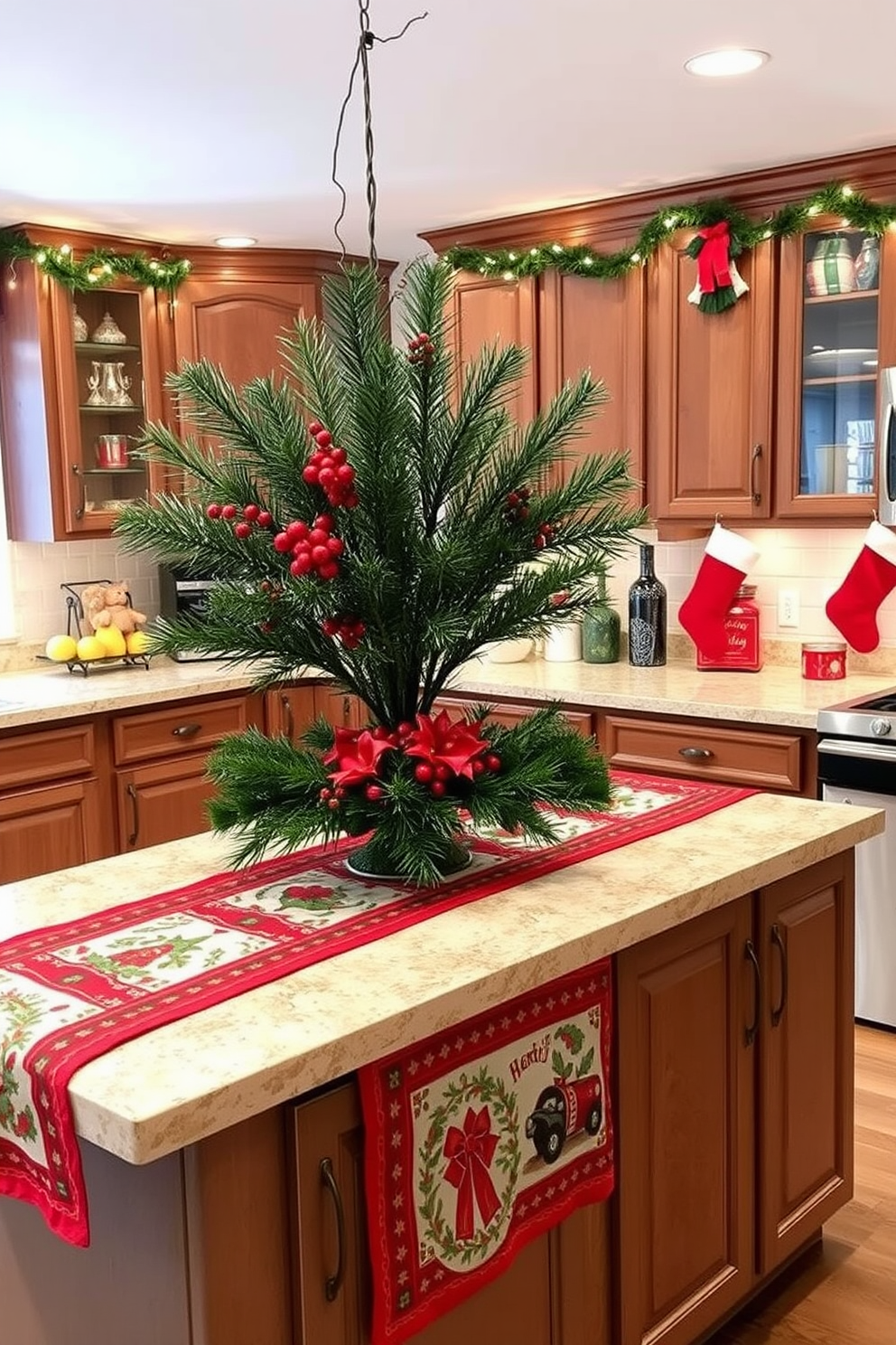 A festive kitchen setting adorned with vibrant table runners draped over the counters. The runners feature traditional holiday patterns and colors, enhancing the cheerful atmosphere of the space. Decorative elements include twinkling fairy lights strung above the countertops and a centerpiece of fresh pine branches with red berries. Stockings hang from the cabinets, adding a cozy touch to the overall Christmas decor.