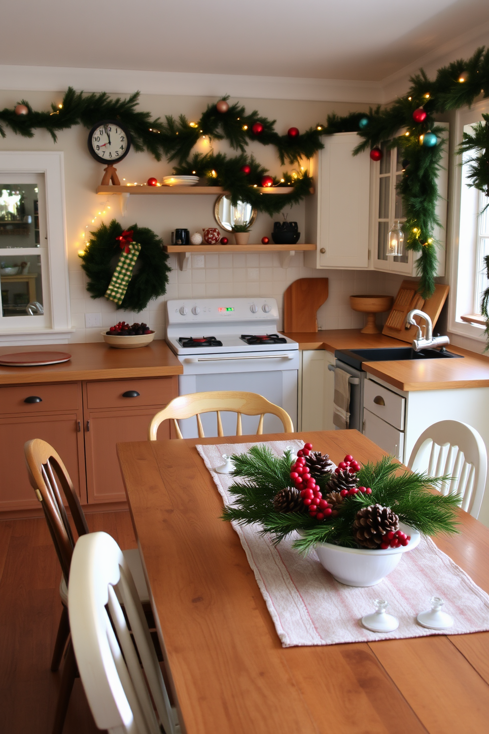 A cozy kitchen adorned for Christmas features a rustic wooden table at the center, surrounded by mismatched chairs. The walls are decorated with evergreen garlands and colorful ornaments, creating a festive atmosphere. Fairy lights are delicately strung in glass jars, casting a warm glow across the countertops. A festive arrangement of pinecones and red berries is placed on the table, complemented by a cheerful table runner.