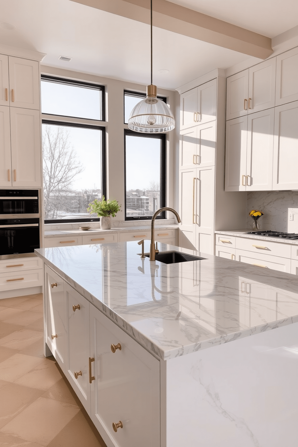 A sleek kitchen featuring a large island with a stunning marble countertop that serves as the centerpiece of the space. The cabinetry is a soft white with brushed brass handles, creating a harmonious contrast with the rich veining of the marble. Natural light floods the room through expansive windows, highlighting the beautiful textures of the materials used. A stylish pendant light hangs above the island, adding a touch of modern sophistication to the overall design.