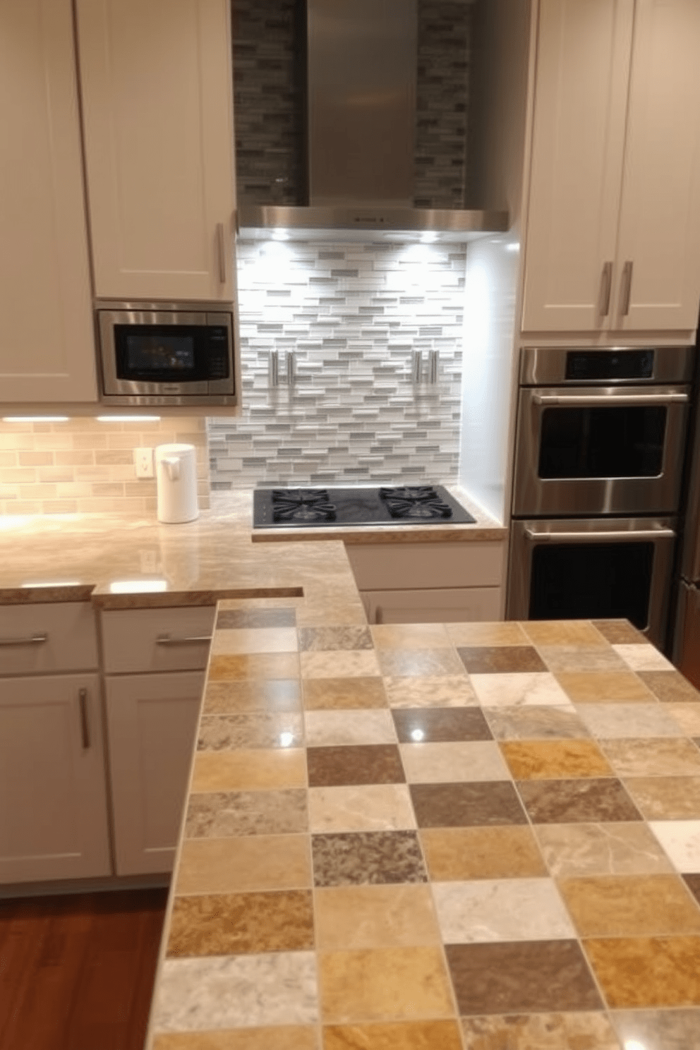 A modern kitchen featuring tile countertops in a variety of colors and patterns. The countertops are complemented by sleek cabinetry and stainless steel appliances, creating a stylish and functional space. The backsplash showcases a unique tile arrangement that adds visual interest and personality to the kitchen. Warm lighting illuminates the area, enhancing the tile's textures and colors while providing a welcoming atmosphere.