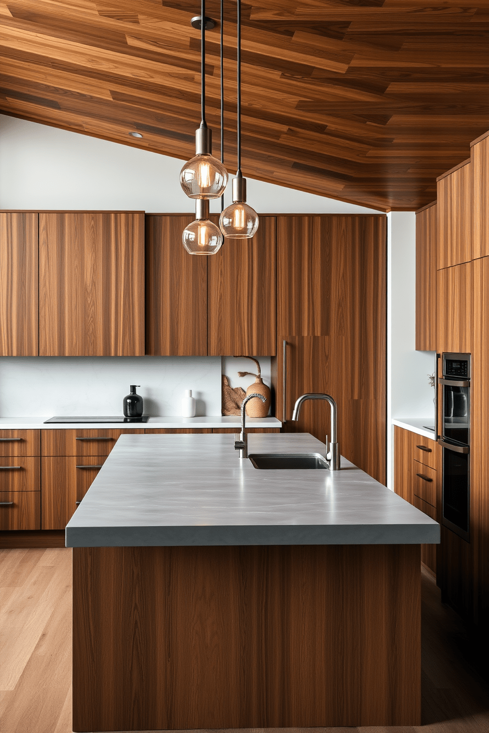 A modern kitchen featuring a sleek island with a polished concrete countertop complemented by warm wooden cabinetry. Stainless steel appliances and fixtures create a striking contrast against the natural wood tones, enhancing the overall aesthetic. An inviting kitchen space with a combination of dark wood cabinets and a light marble countertop that features subtle veining. The warm glow of pendant lights above the island highlights the interplay between the rich wood and the cool stone surfaces.