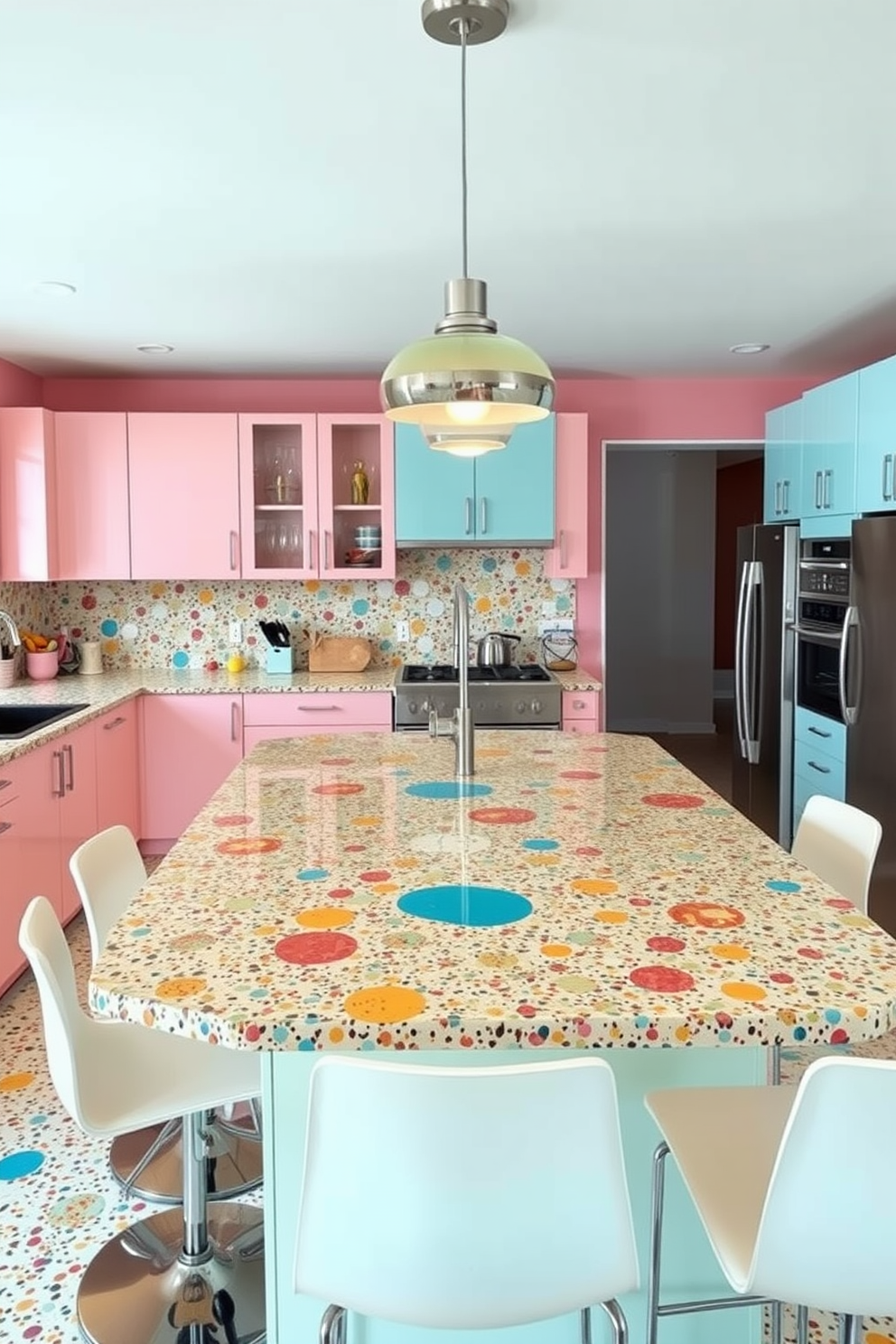 A retro-inspired kitchen featuring a terrazzo countertop with vibrant colors and unique patterns. The cabinetry is painted in soft pastel shades, complementing the lively design of the terrazzo. The kitchen island showcases a large slab of terrazzo, surrounded by sleek bar stools with a vintage flair. Pendant lights with a retro design hang above, illuminating the space with a warm glow.