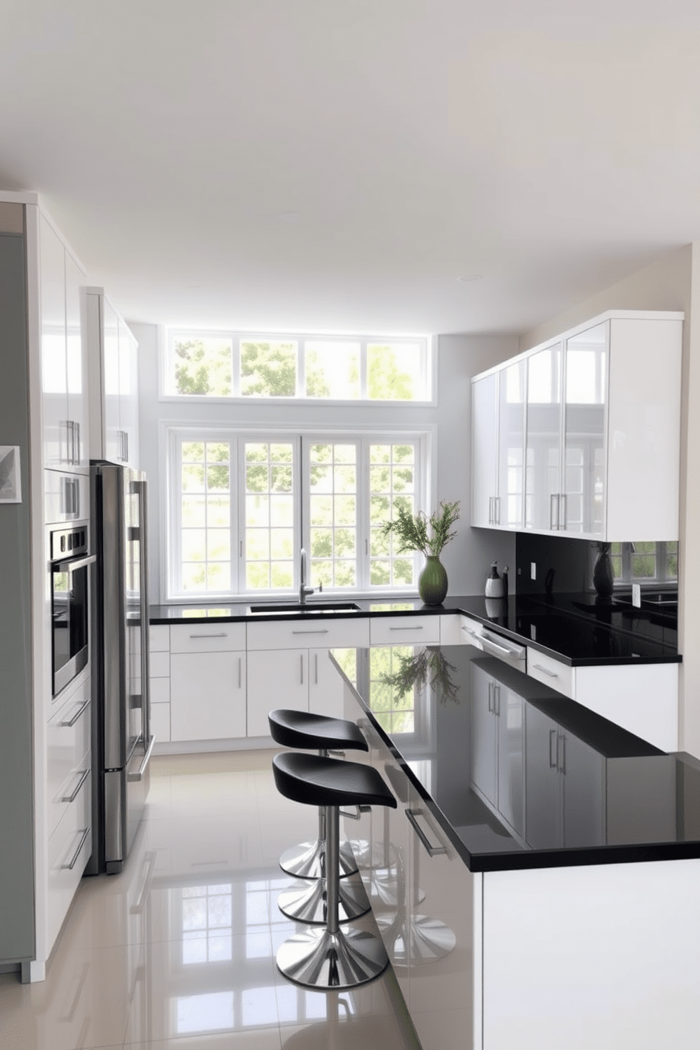 A modern kitchen featuring sleek black countertops that create a striking contrast with white cabinetry. The space is enhanced by stainless steel appliances and a stylish backsplash that adds texture and visual interest. Natural light floods the room through large windows, illuminating the elegant design. A central island with bar stools provides a functional and inviting space for gatherings.