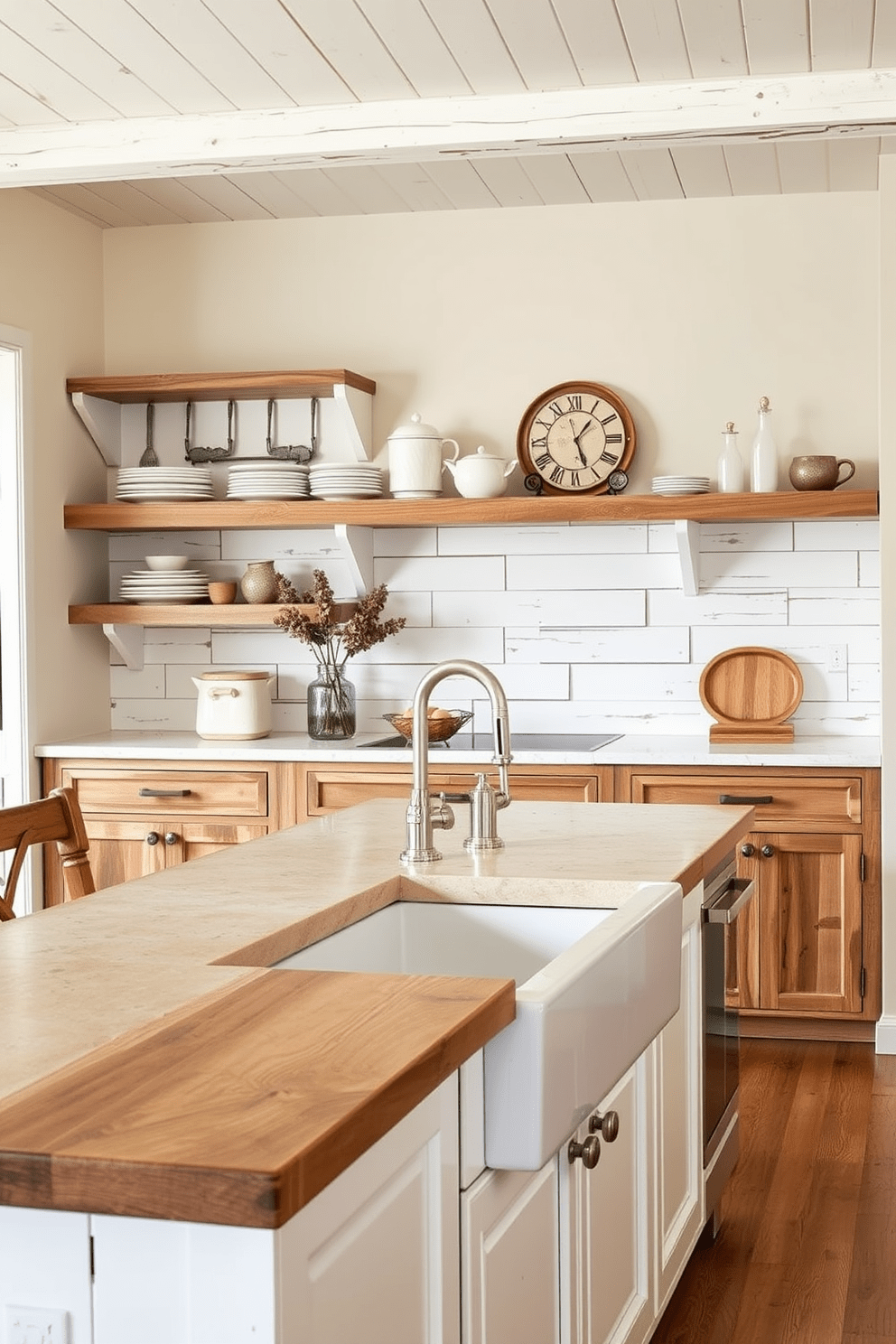 A cozy kitchen featuring whitewashed wood accents that create a rustic atmosphere. The kitchen island showcases a large, natural stone countertop with a farmhouse sink integrated into the design. Open shelving made of reclaimed wood displays carefully arranged dishware and decorative items. The walls are painted in a soft cream color, complementing the warm tones of the wood.