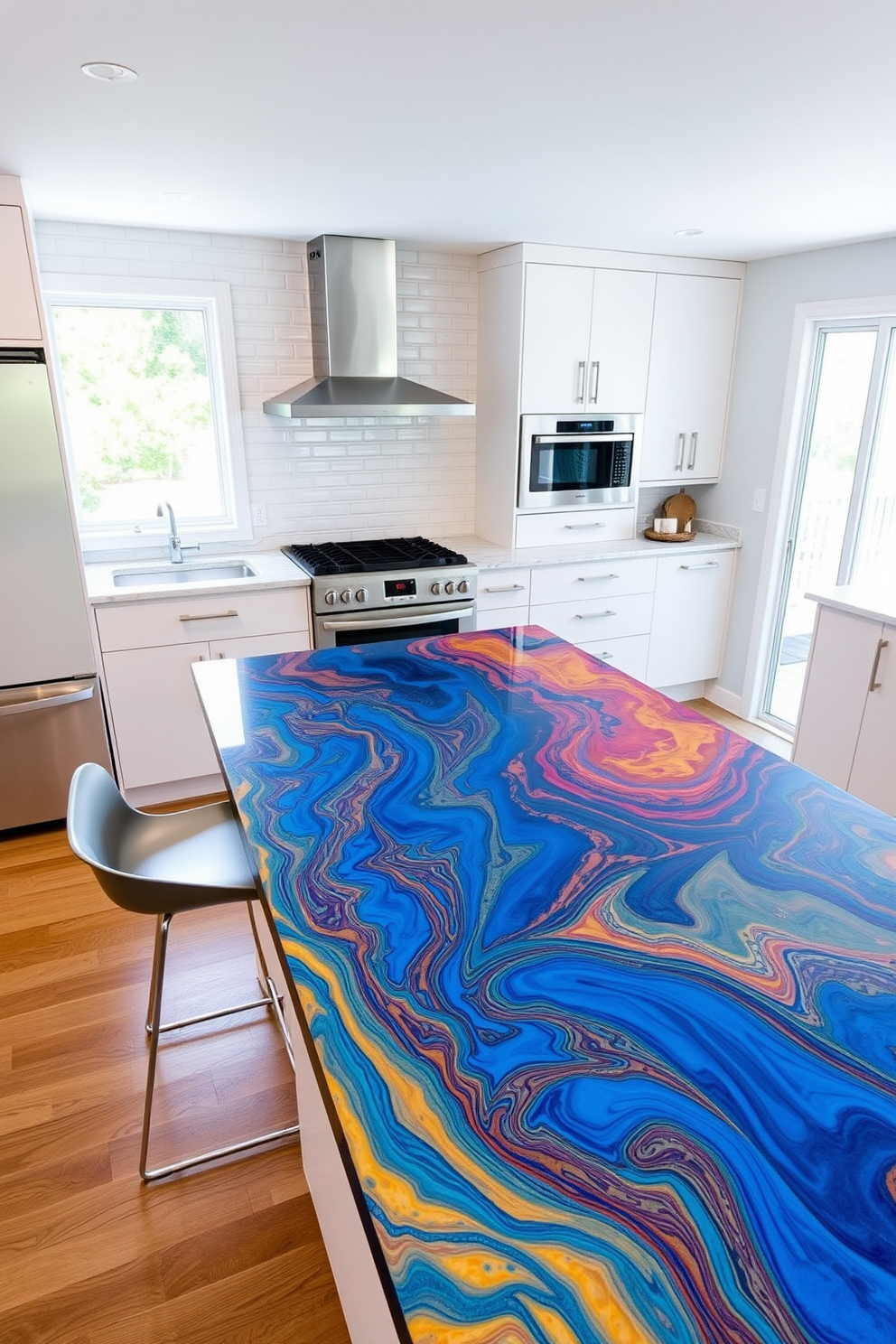 A vibrant kitchen featuring a colorful epoxy resin countertop that showcases swirling patterns of blue, red, and yellow. The countertop is complemented by sleek white cabinetry and modern stainless steel appliances, creating a striking contrast. The kitchen island includes bar seating with stylish stools that enhance the artistic theme. Natural light floods the space through large windows, highlighting the unique design of the epoxy resin surface.