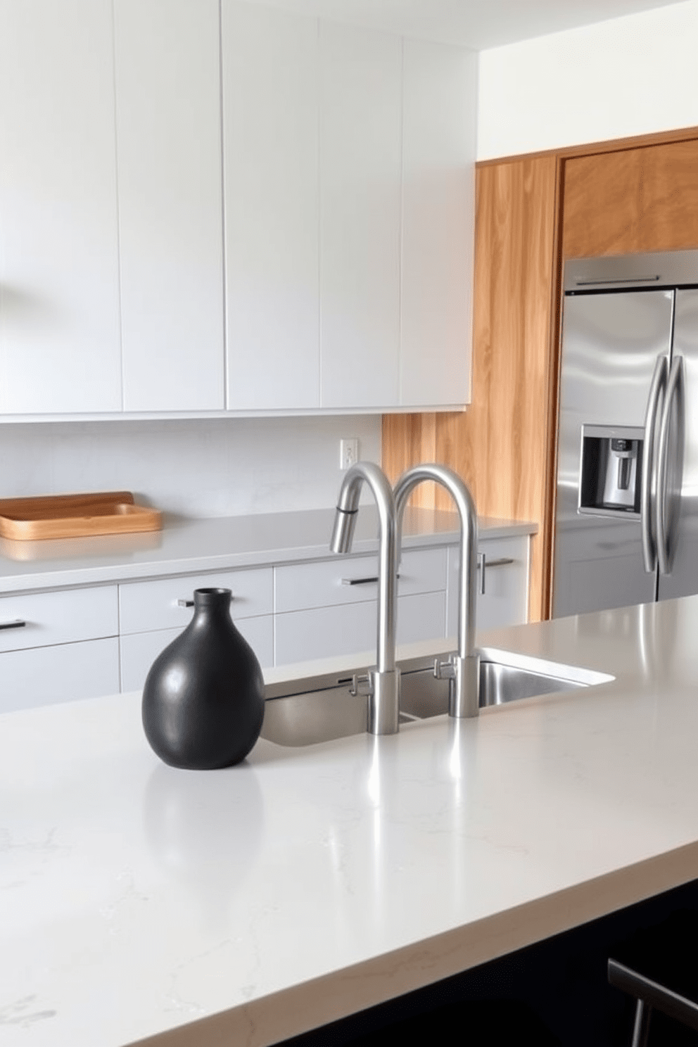 A polished concrete kitchen countertop showcases a modern aesthetic with its smooth, reflective surface. The sleek finish complements minimalist cabinetry and enhances the overall contemporary design of the kitchen. Incorporating subtle variations in color and texture, the polished concrete offers a unique look that can be tailored to fit any style. Pairing it with stainless steel appliances and warm wood accents creates a striking balance in the kitchen space.