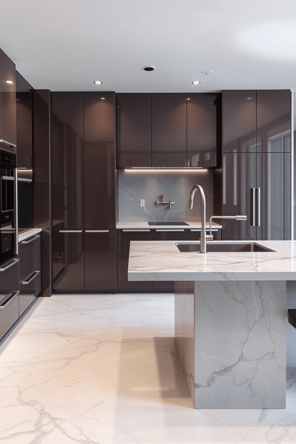 A luxurious kitchen featuring a marble countertop with stunning waterfall edges that seamlessly flow to the floor. The cabinetry is sleek and modern, with a high-gloss finish complementing the elegant marble design.