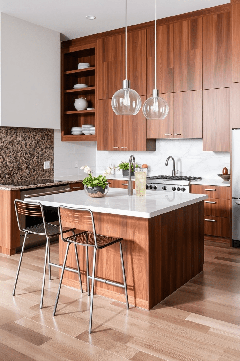 A modern kitchen featuring a mix of materials for a layered look. The island showcases a combination of a quartz countertop with a wooden base, accented by sleek metal bar stools. The perimeter counters are a rich granite, contrasting beautifully with the warm wood cabinetry. Open shelving displays stylish dishware, while pendant lights add a touch of elegance above the island.