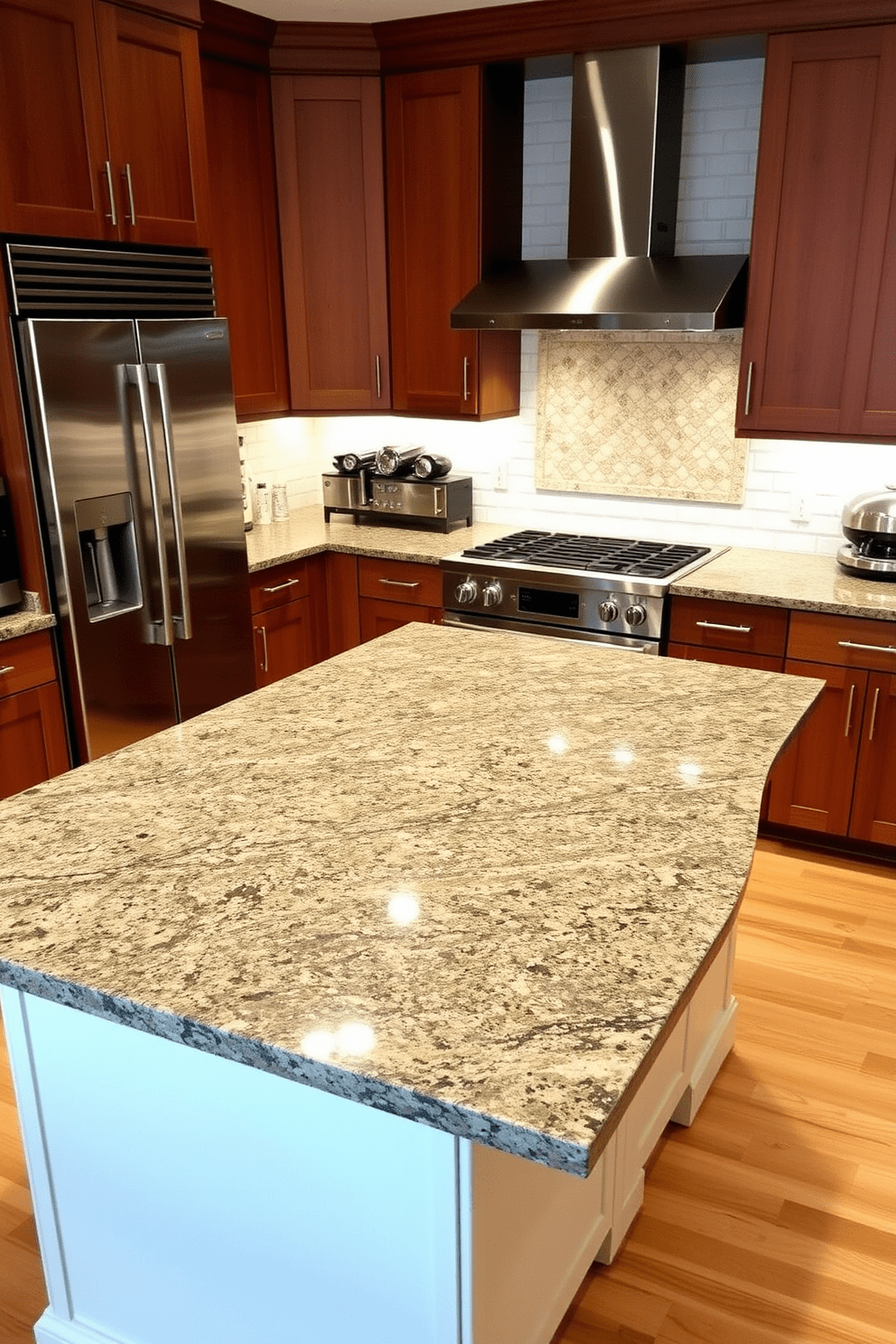 A stunning kitchen featuring a granite composite countertop that combines durability with elegance. The countertop is complemented by sleek stainless steel appliances and a modern backsplash made of white subway tiles. The kitchen island showcases a waterfall edge, creating a seamless flow and a focal point for gathering. Warm wood cabinetry surrounds the space, adding a touch of warmth and sophistication to the overall design.