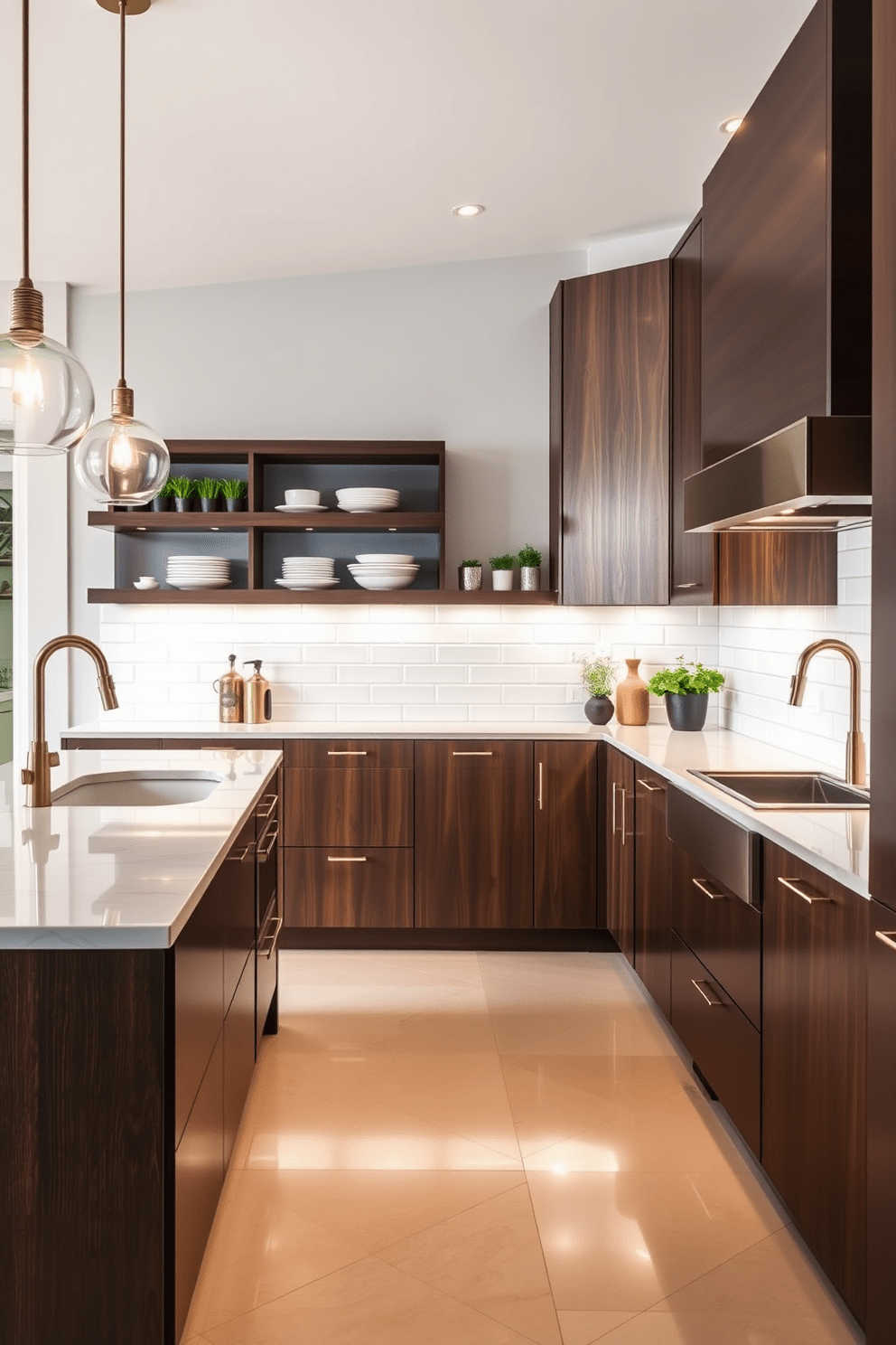 A modern kitchen featuring a large island with a sleek quartz countertop that seamlessly integrates with the cabinetry. The space is illuminated by pendant lights hanging above the island, creating a warm and inviting atmosphere. The backsplash is a glossy white subway tile that contrasts beautifully with the dark wood cabinets. Open shelves display stylish dishware and potted herbs, adding a touch of personality and functionality to the design.