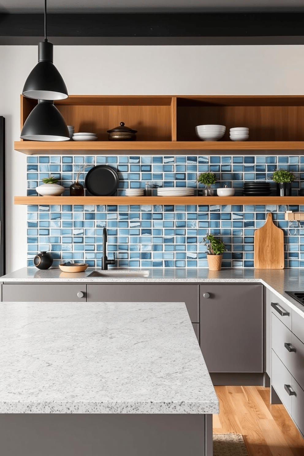 A modern kitchen featuring a large island with a textured quartz countertop that contrasts with sleek cabinetry. The backsplash is made of handmade ceramic tiles in varying shades of blue, adding depth and character to the space. Incorporate open shelving above the countertop to display artisanal dishware and plants. Pendant lights with a matte black finish hang above the island, providing both functionality and style.