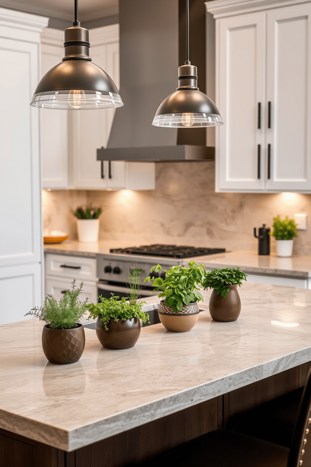 A stunning kitchen space featuring a natural stone countertop that exudes organic elegance. The countertop is complemented by sleek cabinetry in a soft white finish, creating a harmonious balance between modern and rustic elements. Above the countertop, stylish pendant lights illuminate the area, casting a warm glow. A beautiful arrangement of fresh herbs in decorative pots adds a touch of greenery and liveliness to the design.