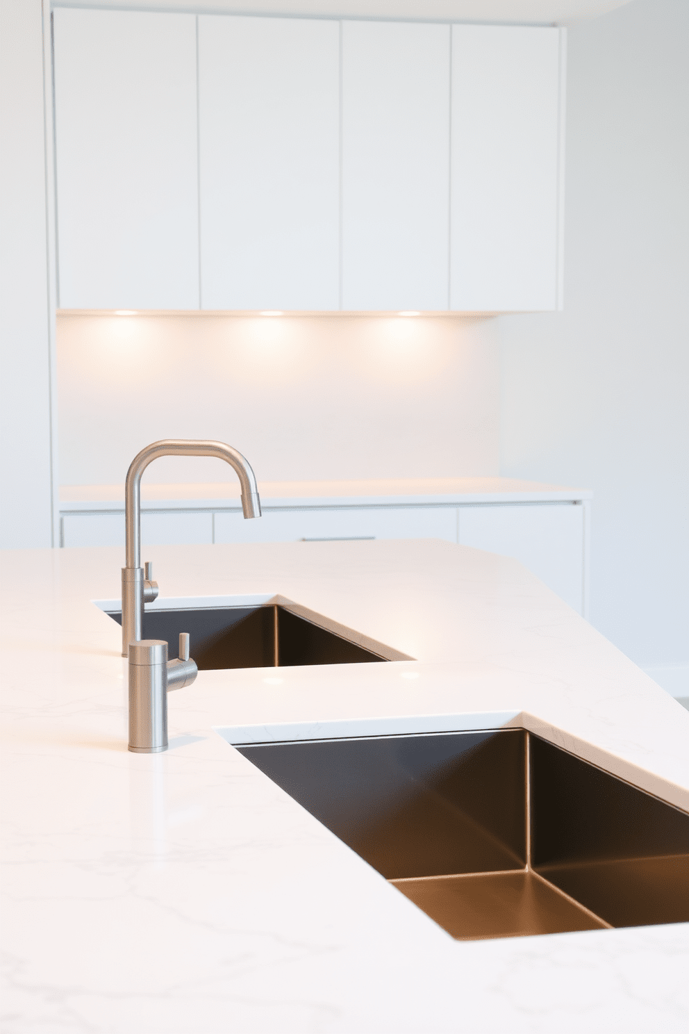 A modern kitchen featuring integrated sinks that blend seamlessly into the countertop. The countertop is crafted from a stunning quartz material with subtle veining, providing both beauty and durability. The integrated sinks are designed with a flush mount, creating a smooth transition between the sink and the countertop surface. Sleek, minimalist faucets in brushed nickel complete the look, enhancing the kitchen's contemporary aesthetic.