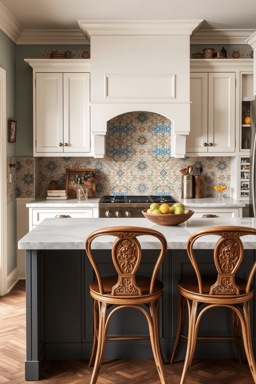 A charming kitchen featuring vintage tiles that evoke a sense of nostalgia. The walls are adorned with colorful, patterned tiles that add character and warmth to the space. The kitchen island boasts a sleek quartz countertop with a subtle sheen. Elegant bar stools with a rustic finish are arranged around the island, inviting gatherings and culinary creativity.