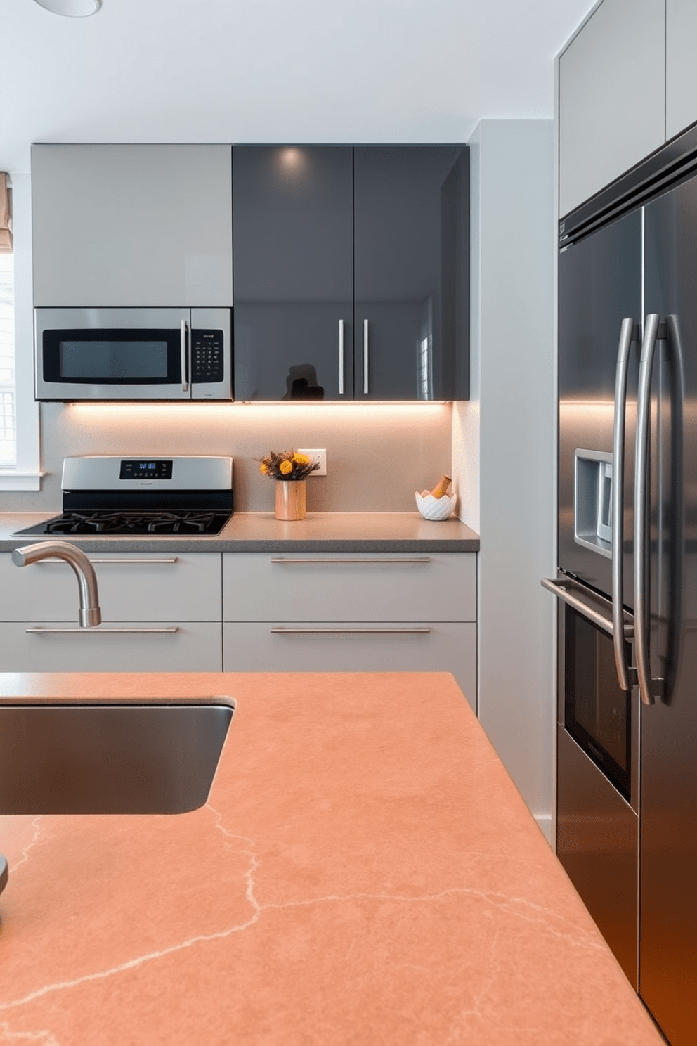 A modern kitchen featuring a colored concrete countertop that adds a unique style and texture. The countertop is complemented by sleek cabinetry and stainless steel appliances, creating a harmonious blend of contemporary design elements.